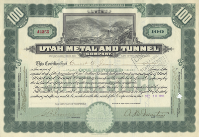 Utah Metal and Tunnel Company Stock Certificate
