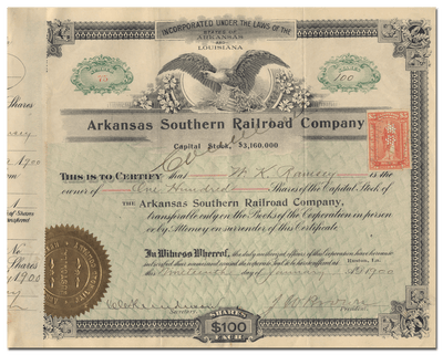 Arkansas Southern Railroad Company Stock Certificate
