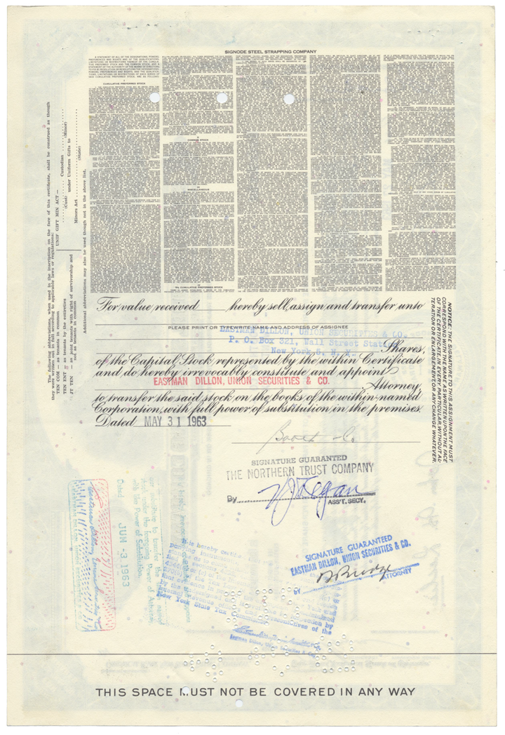 Signode Steel Strapping Company Stock Certificate