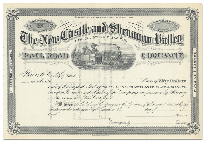 New Castle and Shenango Valley Railroad Company Stock Certificate