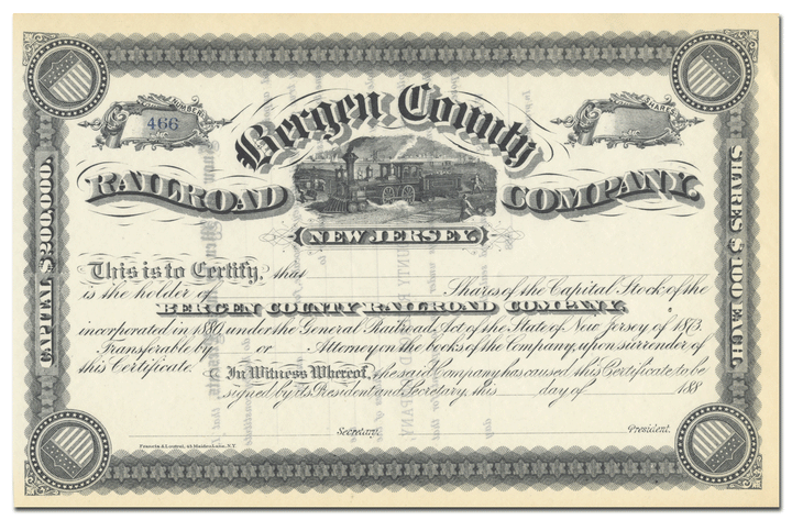 Bergen County Railroad Company Stock Certificate