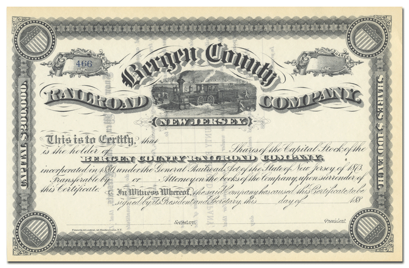 Bergen County Railroad Company Stock Certificate