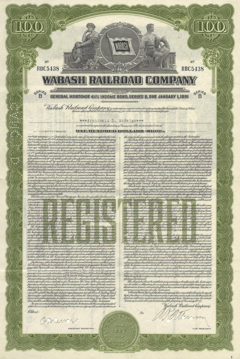 Wabash Railroad Company Bond Certificate