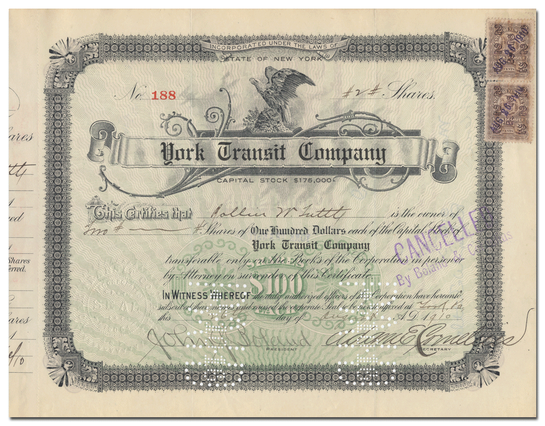 York Transit Company Stock Certificate