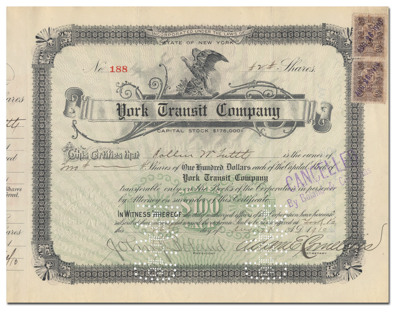 York Transit Company Stock Certificate