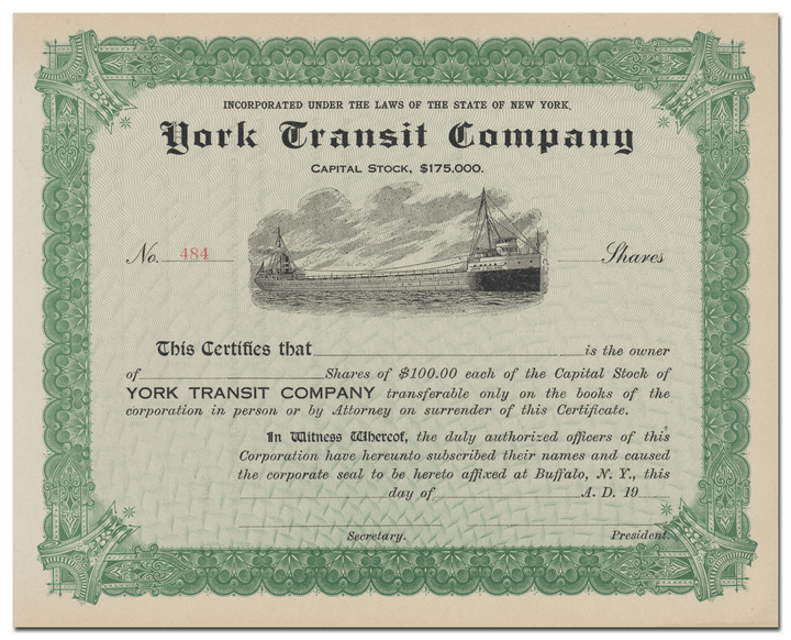 York Transit Company Stock Certificate