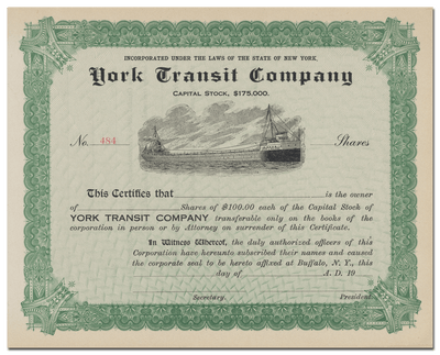 York Transit Company Stock Certificate