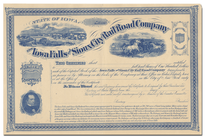 Iowa Falls and Sioux City Rail Road Company Stock Certificate