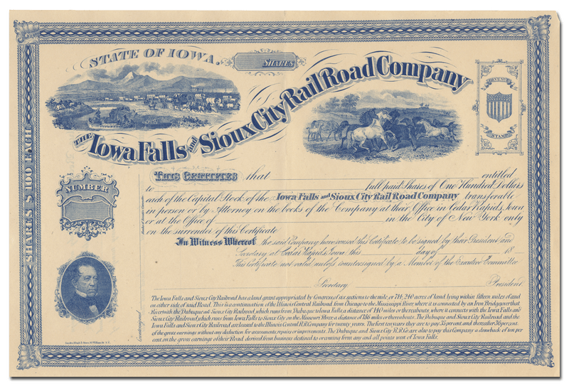 Iowa Falls and Sioux City Rail Road Company Stock Certificate