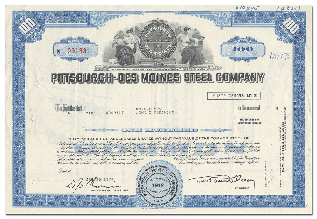 Pittsburgh-Des Moines Steel Company Stock Certificate