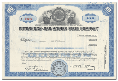Pittsburgh-Des Moines Steel Company Stock Certificate