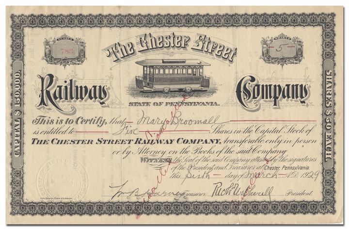 Chester Street Railway Company Stock Certificate