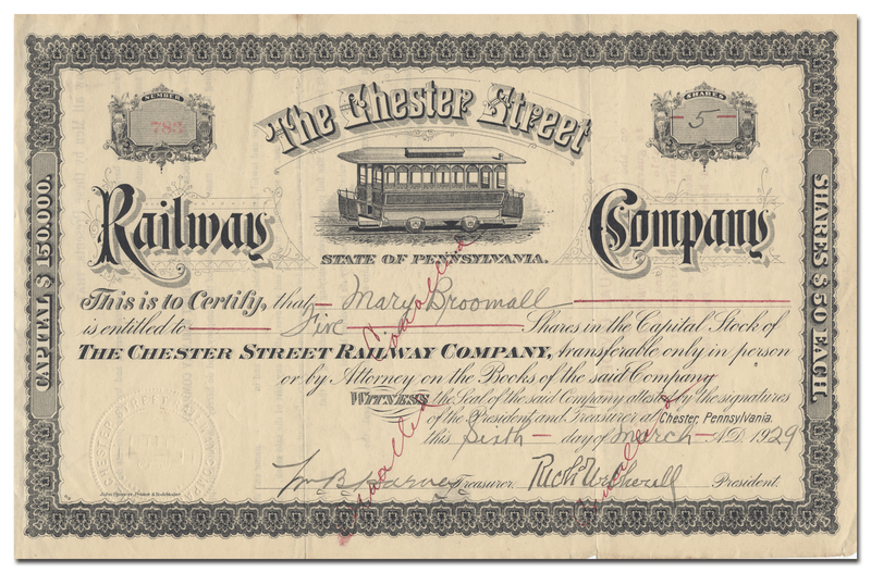 Chester Street Railway Company Stock Certificate