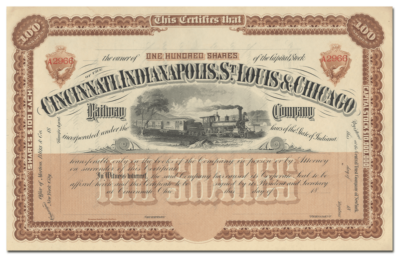 Cincinnati, Indianapolis, St. Louis & Chicago Railway Company Stock Certificate