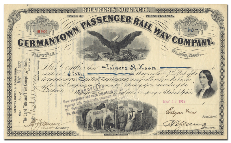 Germantown Passenger Rail Way Company Stock Certificate