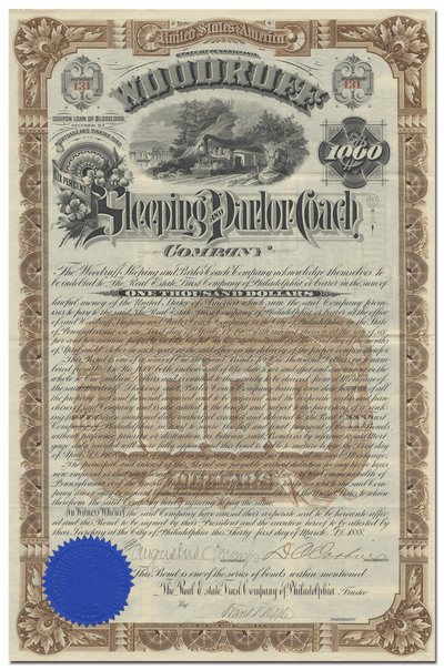 Woodruff Sleeping and Parlor Coach Company Bond Certificate Signed by Daniel Chase Corbin