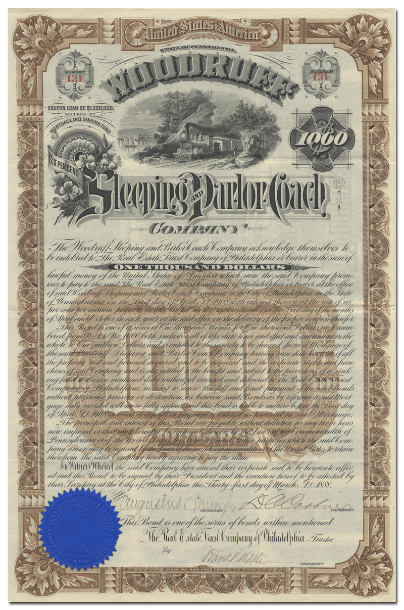 Woodruff Sleeping and Parlor Coach Company Bond Certificate Signed by Daniel Chase Corbin