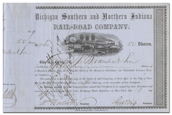 Michigan Southern and Northern Indiana Rail-Road Company Stock Certificate