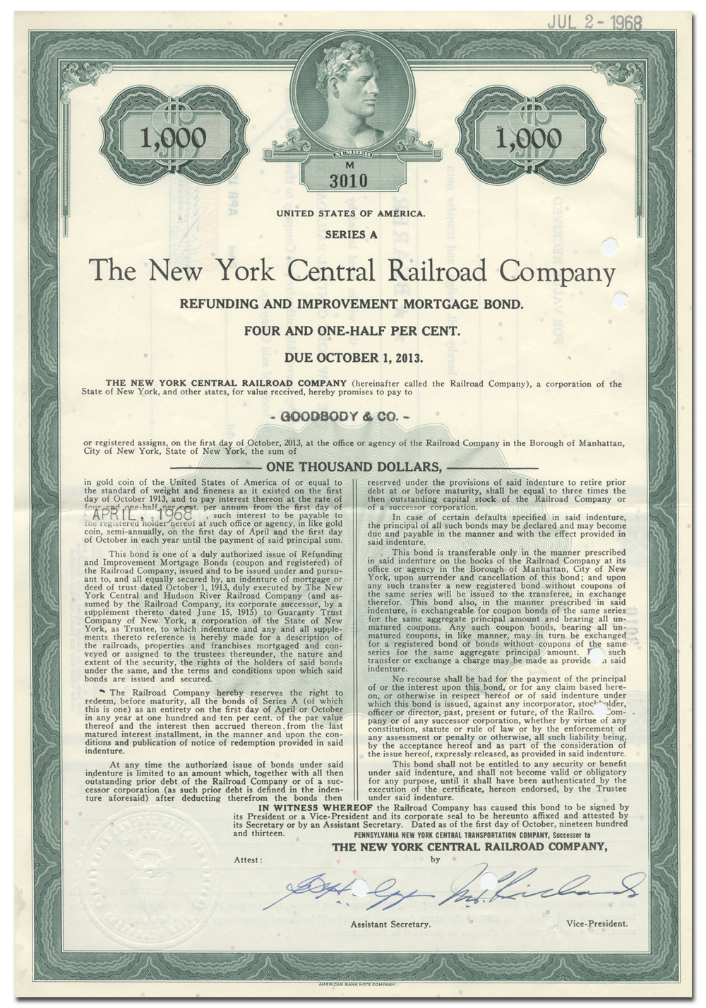 New York Central Railroad Company Bond Certificate