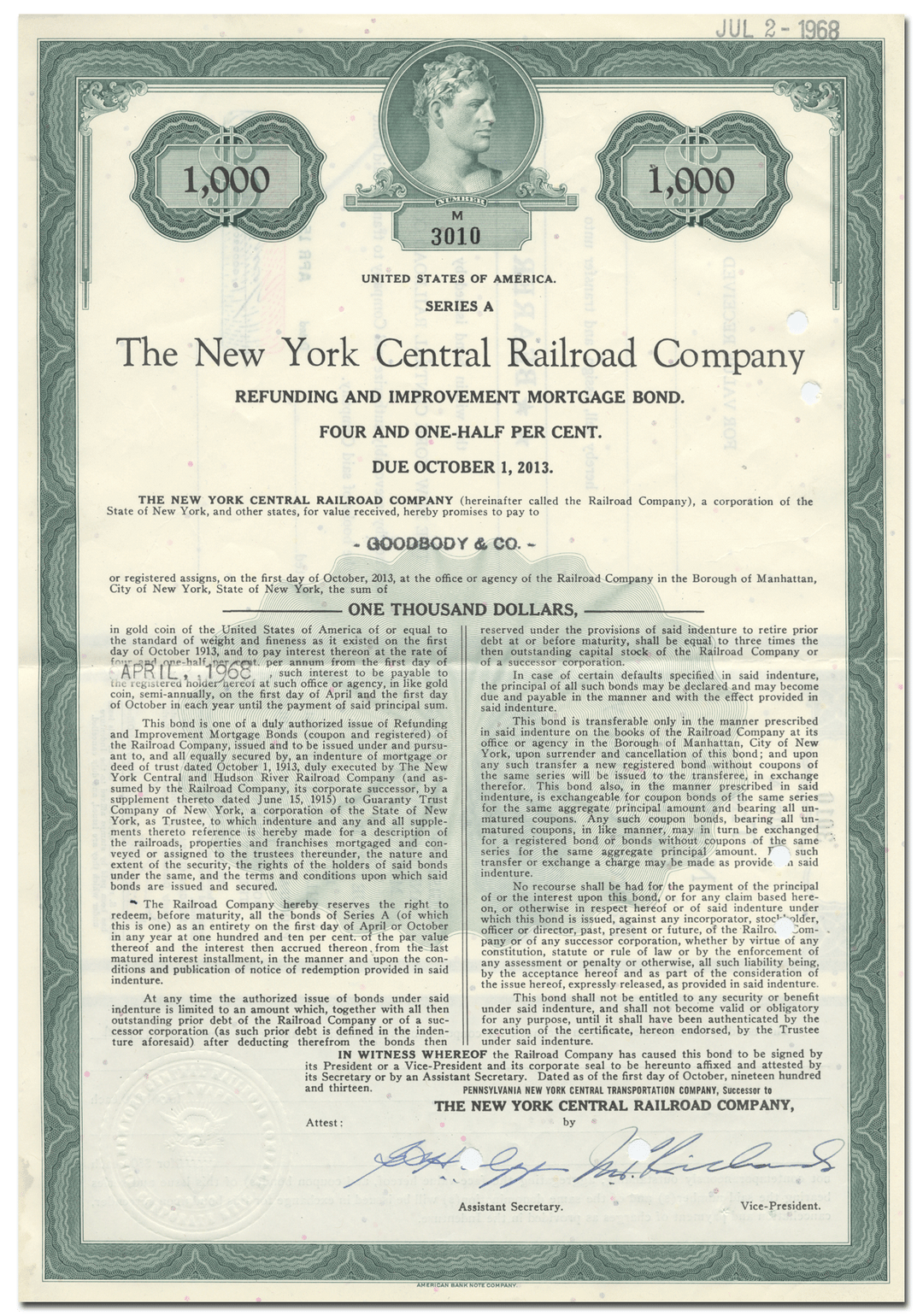 New York Central Railroad Company Bond Certificate