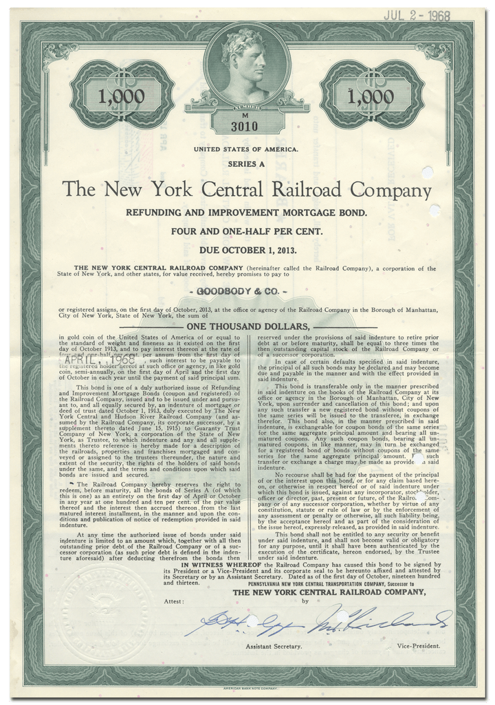 New York Central Railroad Company Bond Certificate