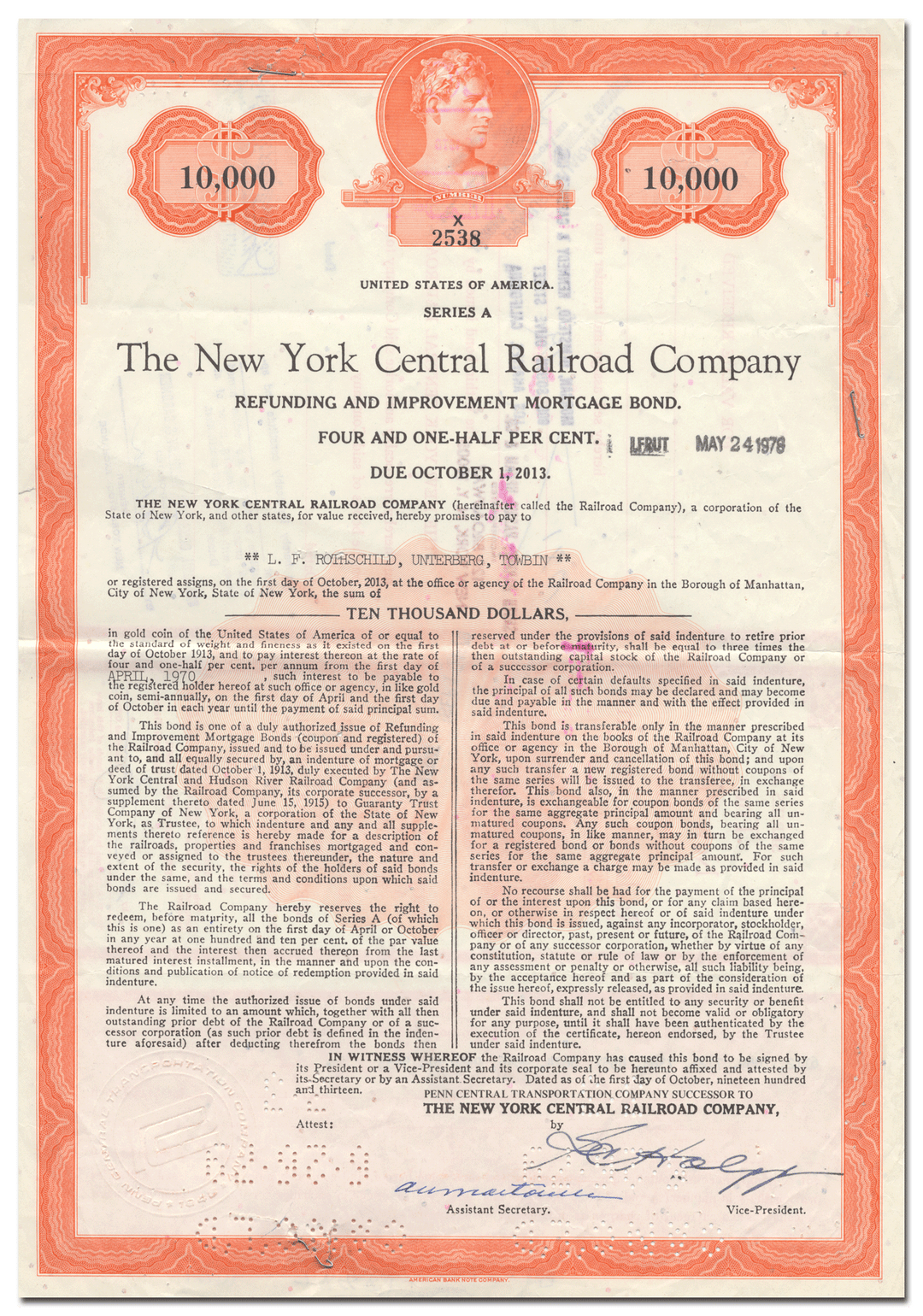 New York Central Railroad Company Bond Certificate