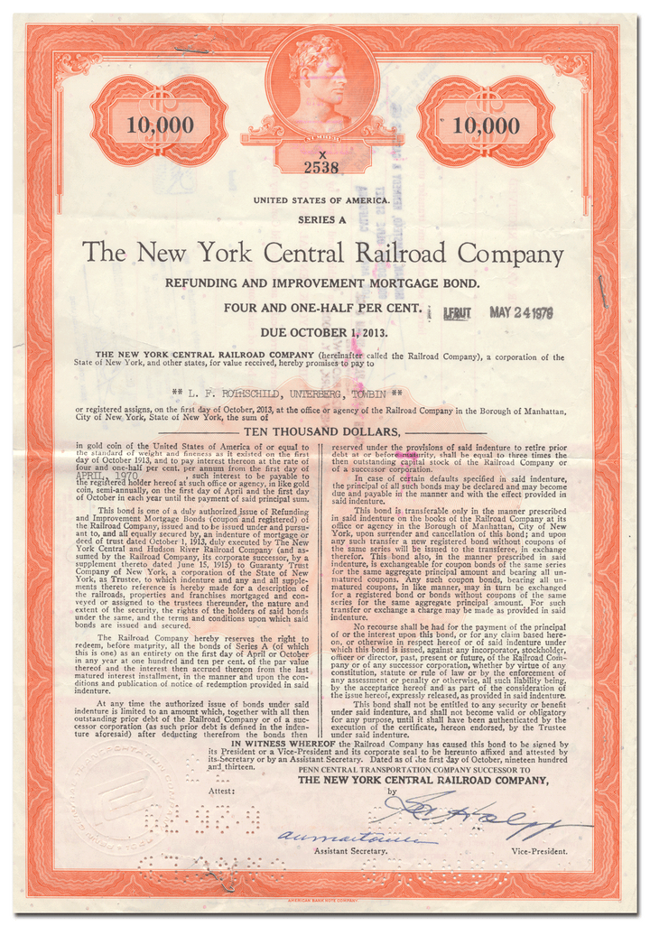 New York Central Railroad Company Bond Certificate