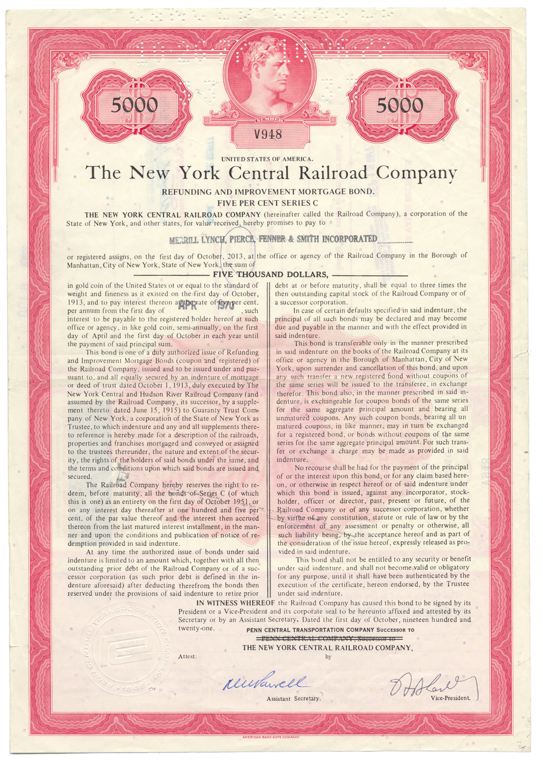 New York Central Railroad Company Bond Certificate