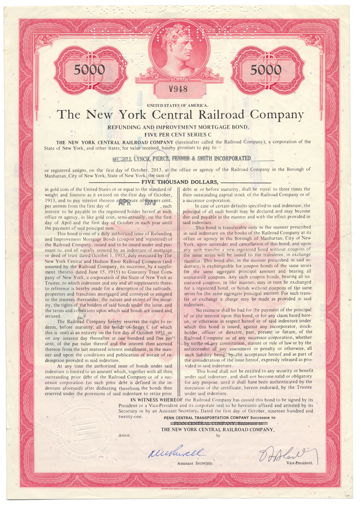 New York Central Railroad Company Bond Certificate