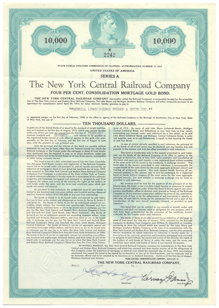 New York Central Railroad Company Bond Certificate