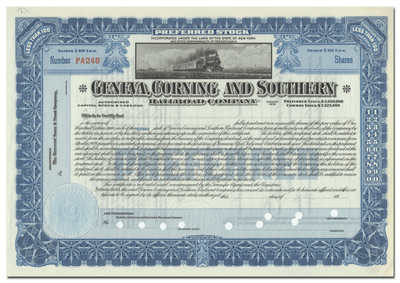 Geneva, Corning and Southern Railroad Company Stock Certificate