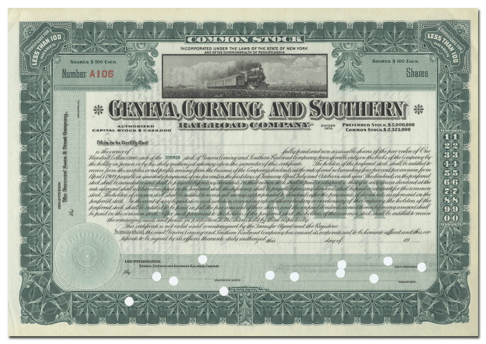 Geneva, Corning and Southern Railroad Company Stock Certificate