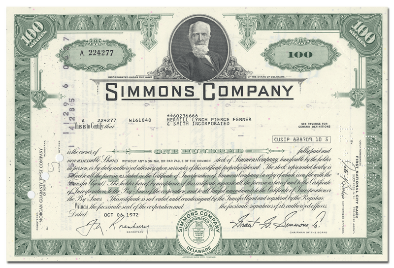 Simmons Company Stock Certificate
