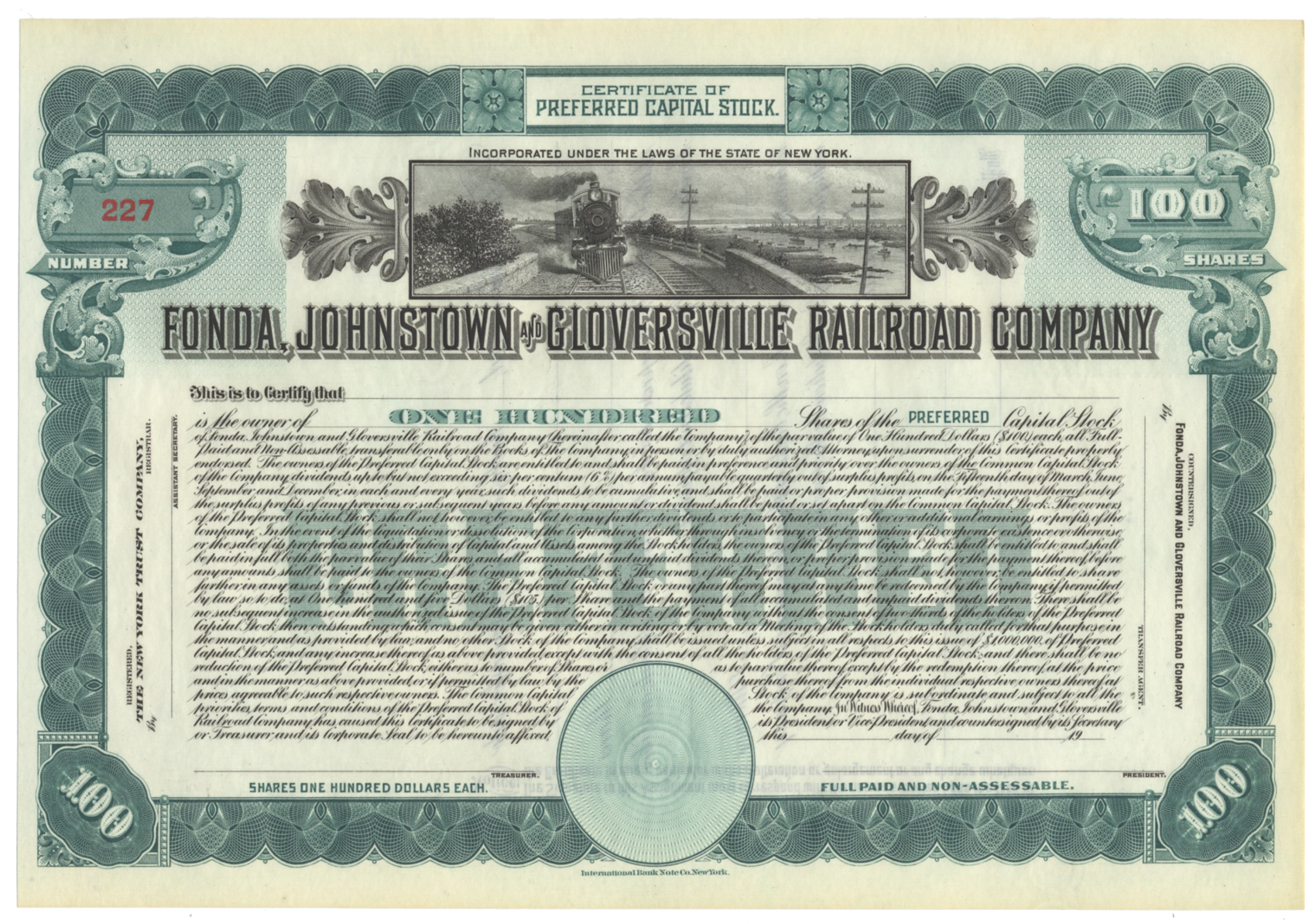 Fonda, Johnstown & Gloversville Railroad Company Stock Certificate