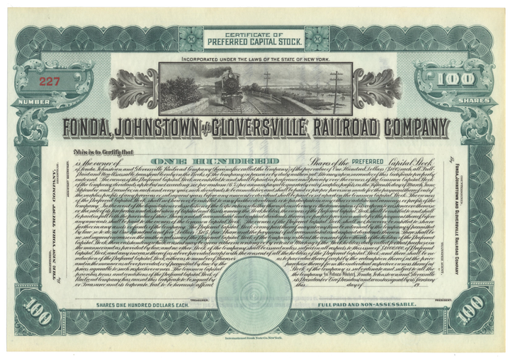 Fonda, Johnstown & Gloversville Railroad Company Stock Certificate