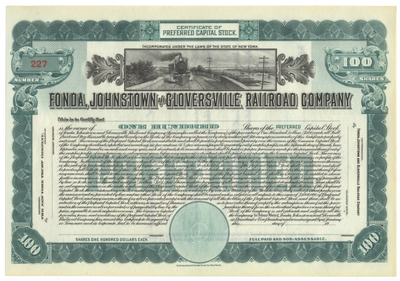 Fonda, Johnstown & Gloversville Railroad Company Stock Certificate