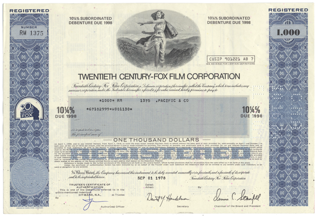 Twentieth Century-Fox Film Corporation Bond Certificate