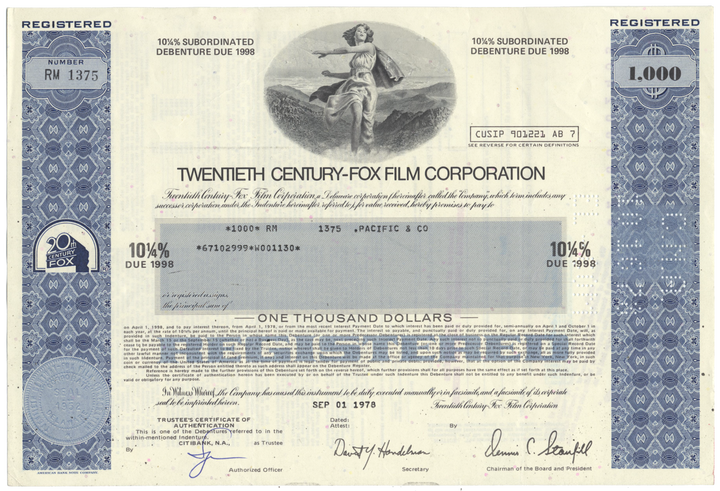 Twentieth Century-Fox Film Corporation Bond Certificate