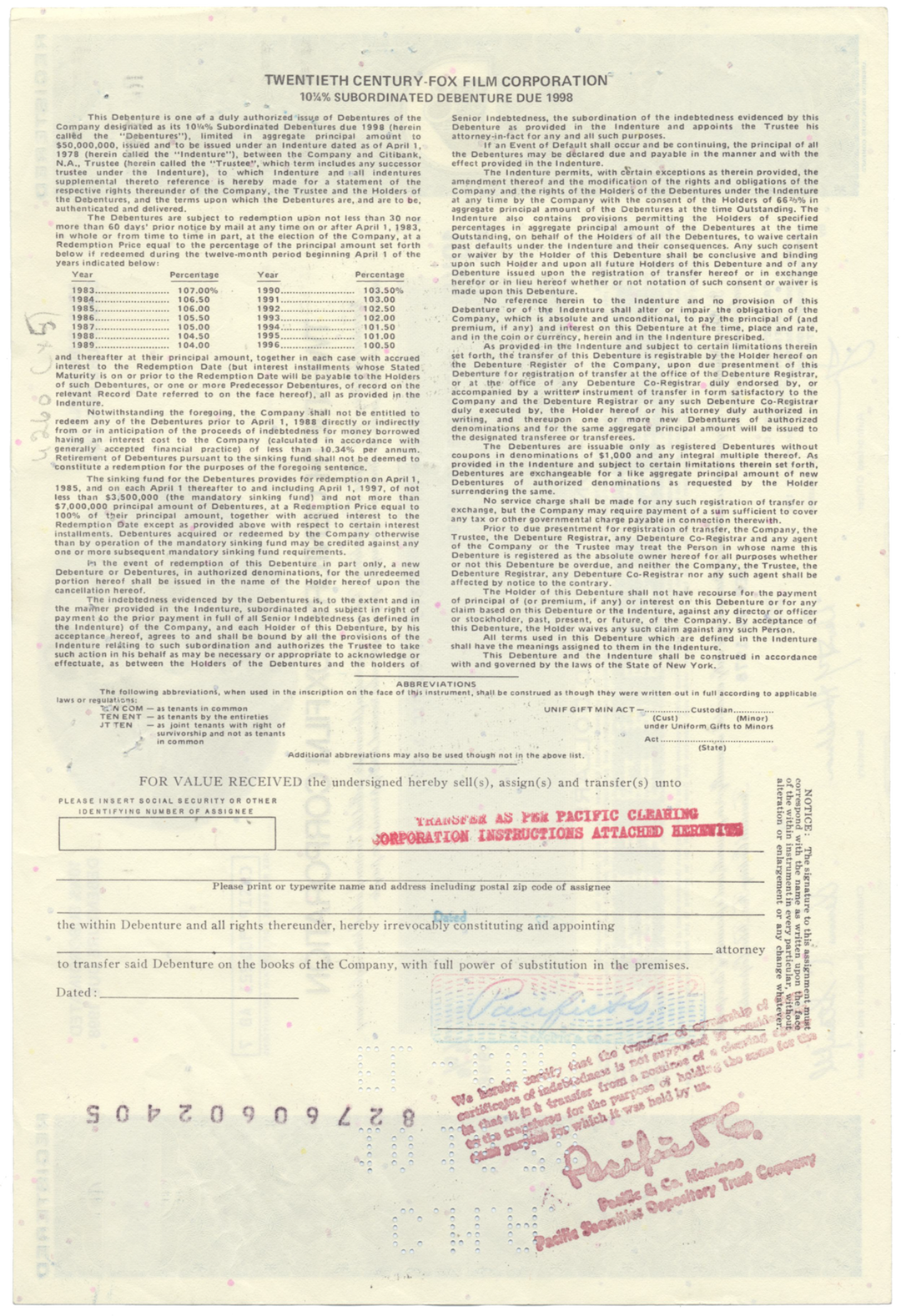 Twentieth Century-Fox Film Corporation Bond Certificate