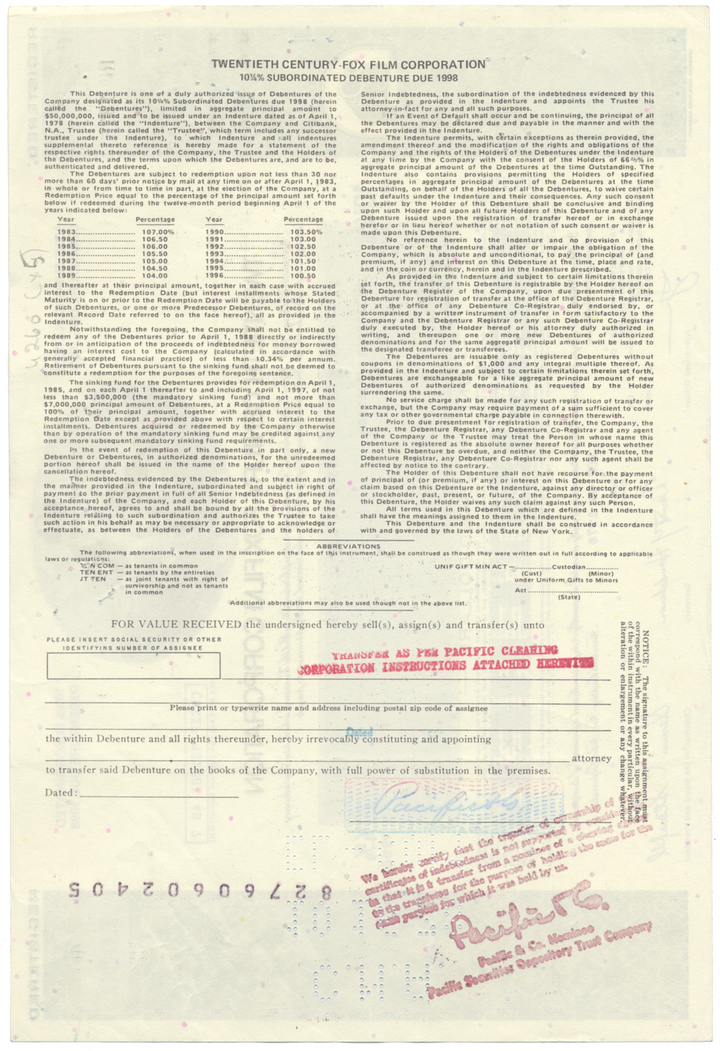 Twentieth Century-Fox Film Corporation Bond Certificate