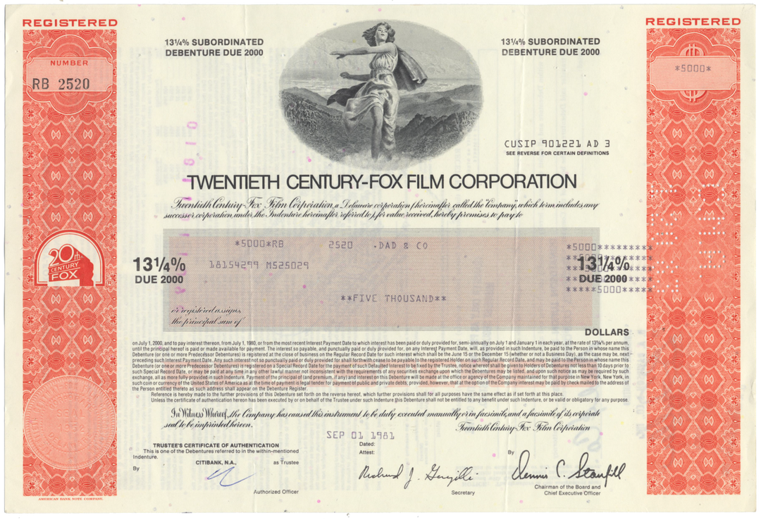 Twentieth Century-Fox Film Corporation Bond Certificate