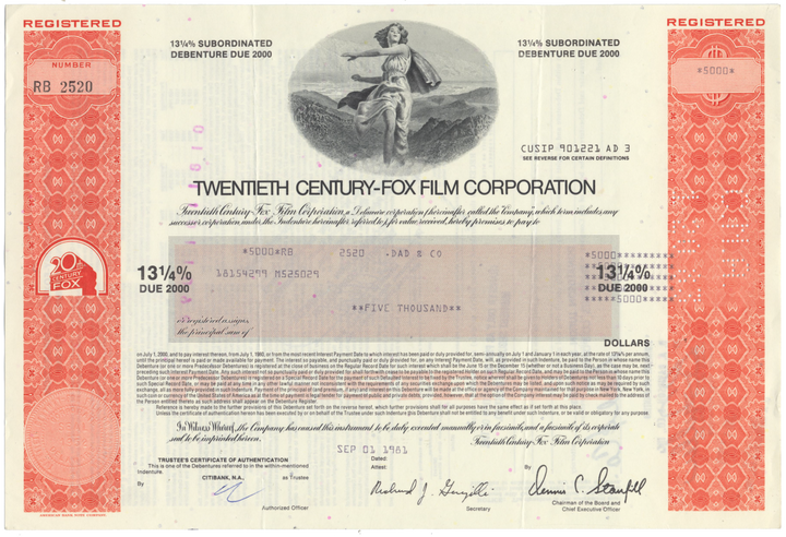 Twentieth Century-Fox Film Corporation Bond Certificate