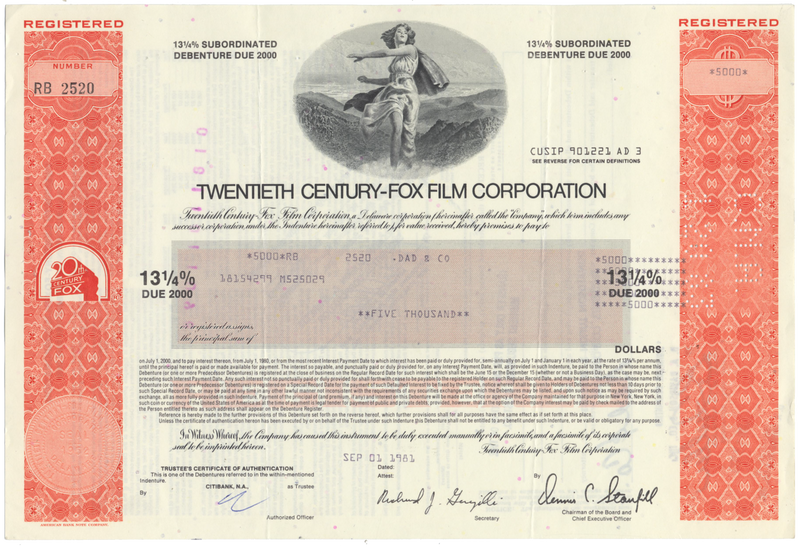 Twentieth Century-Fox Film Corporation Bond Certificate