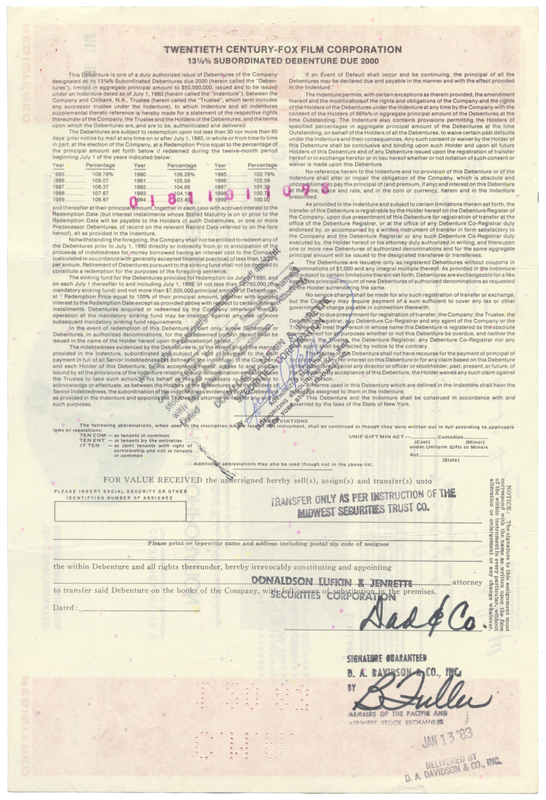 Twentieth Century-Fox Film Corporation Bond Certificate