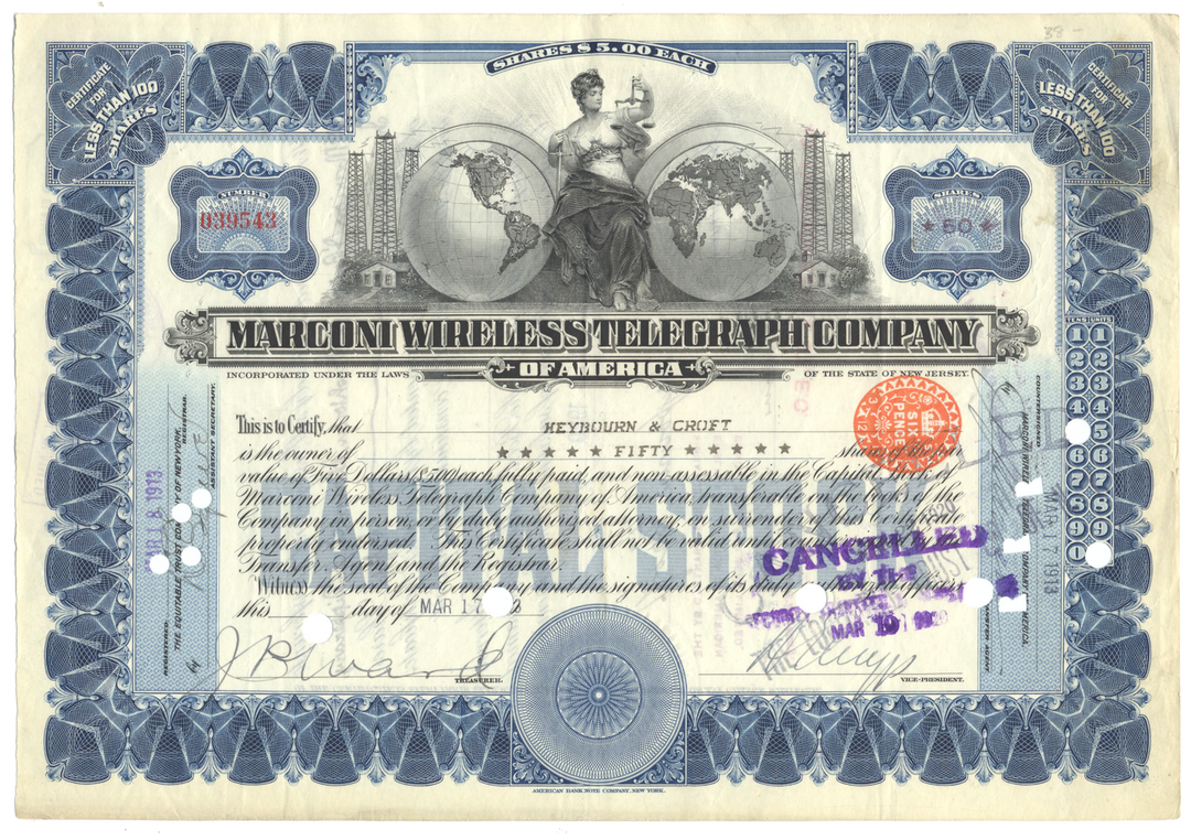 Marconi Wireless Telegraph Company of America Stock Certificate