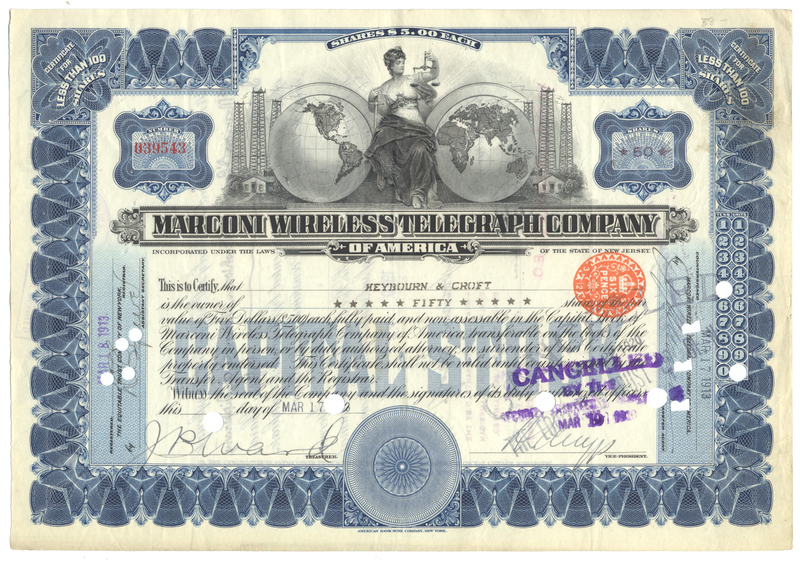 Marconi Wireless Telegraph Company of America Stock Certificate