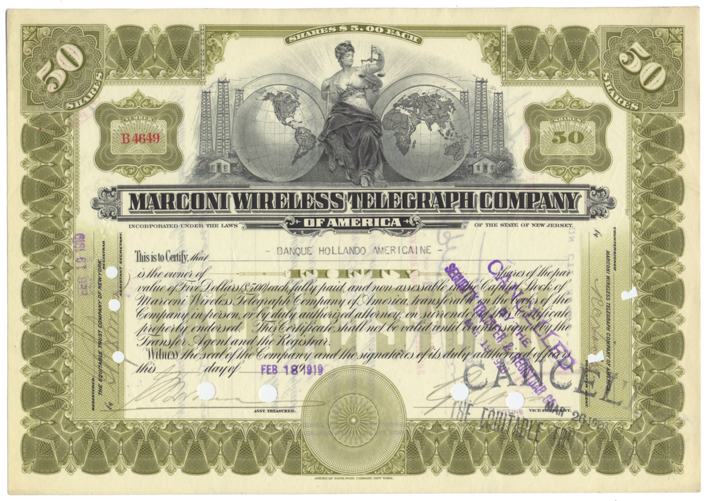 Marconi Wireless Telegraph Company of America Stock Certificate from 1919