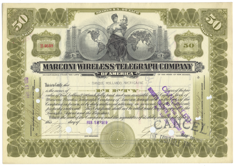 Marconi Wireless Telegraph Company of America Stock Certificate