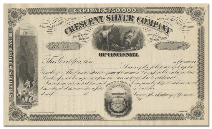 Crescent Silver Company of Cincinnati Stock Certificate