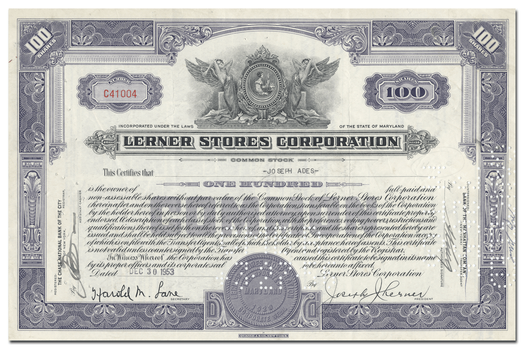 Lerner Stores Corporation Stock Certificate